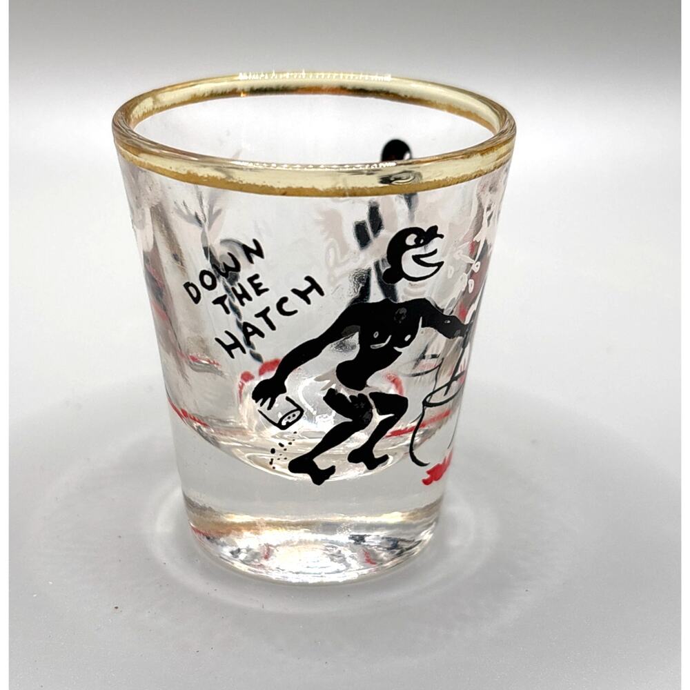 Vintage Novelty Native Whiskey Shot Glass “Down The Hatch” 1950s Barware